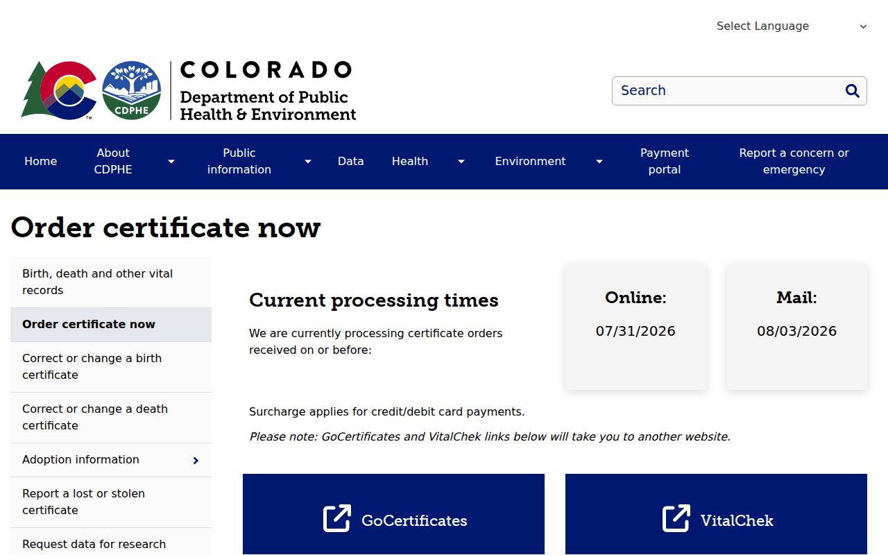 Northglenn residents directory CDPHE vital record order route